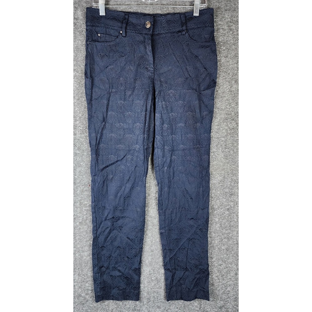 89th & Madison Pants Womens 10 Jacquard Trousers Navy Blue Shell Textured EUC